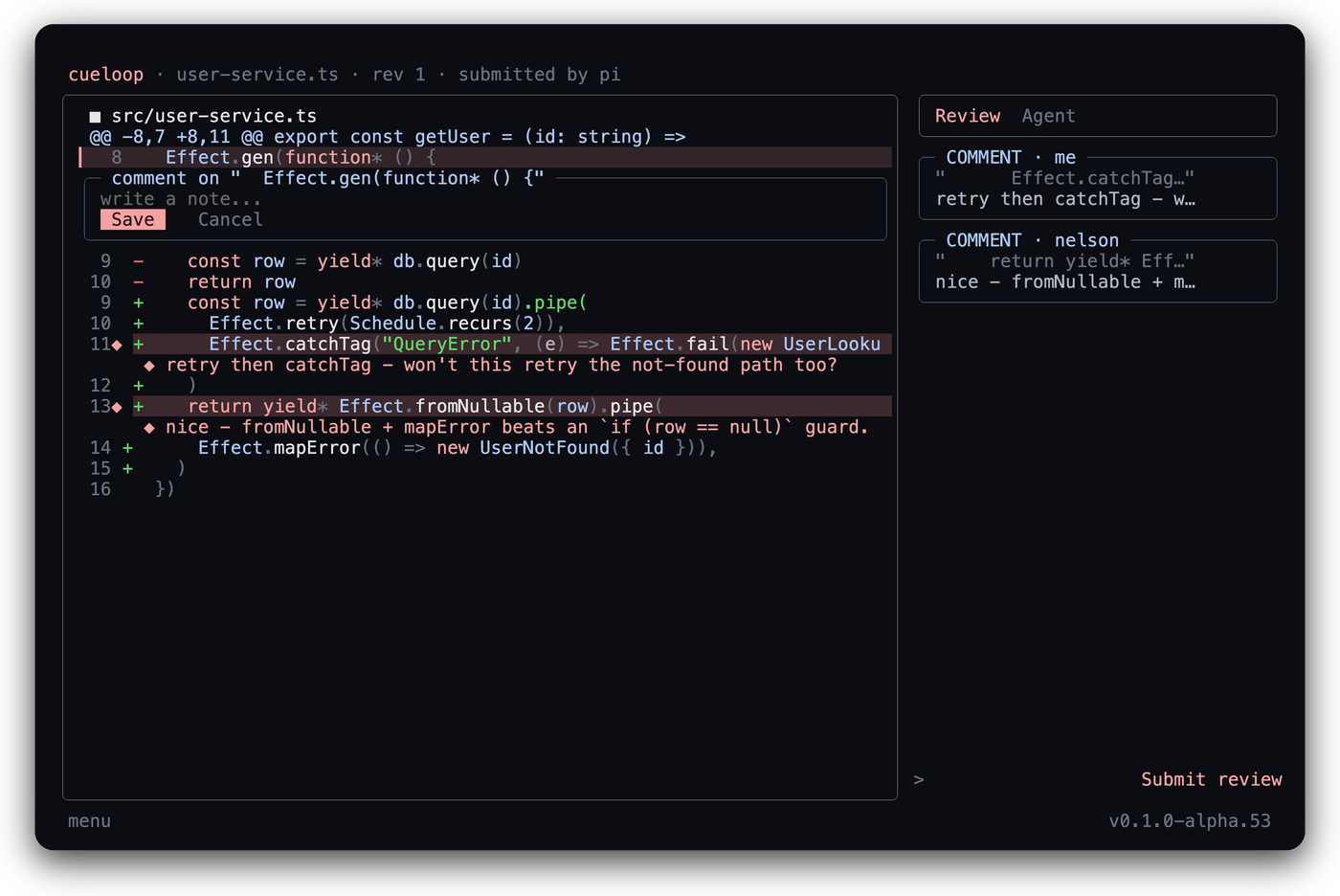 A cueloop diff review of an error-handling change: the compose card open on a line, with comments from you and a teammate anchored inline and in the rail.