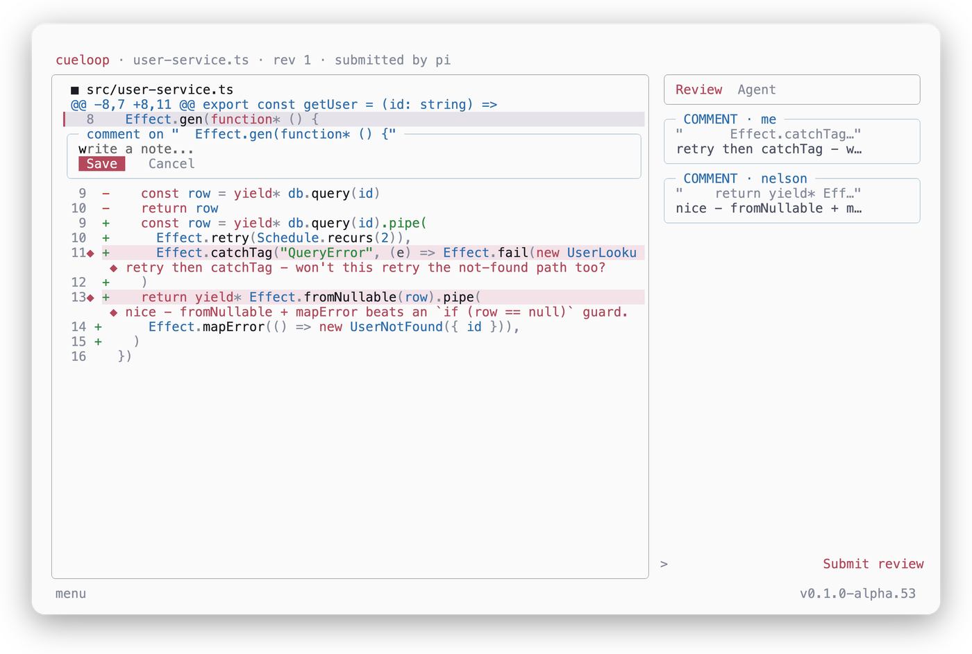 A cueloop diff review of an error-handling change: the compose card open on a line, with comments from you and a teammate anchored inline and in the rail.