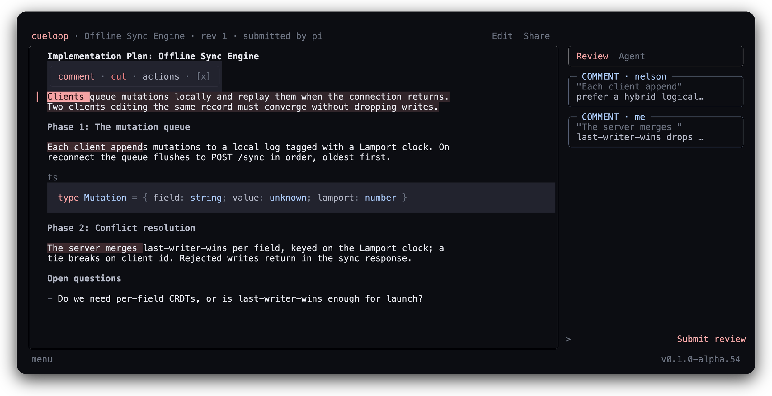 A cueloop plan review in the terminal: a sync-engine plan with the marker popover open on a line, and reviewer comments from you and a teammate in the side rail.