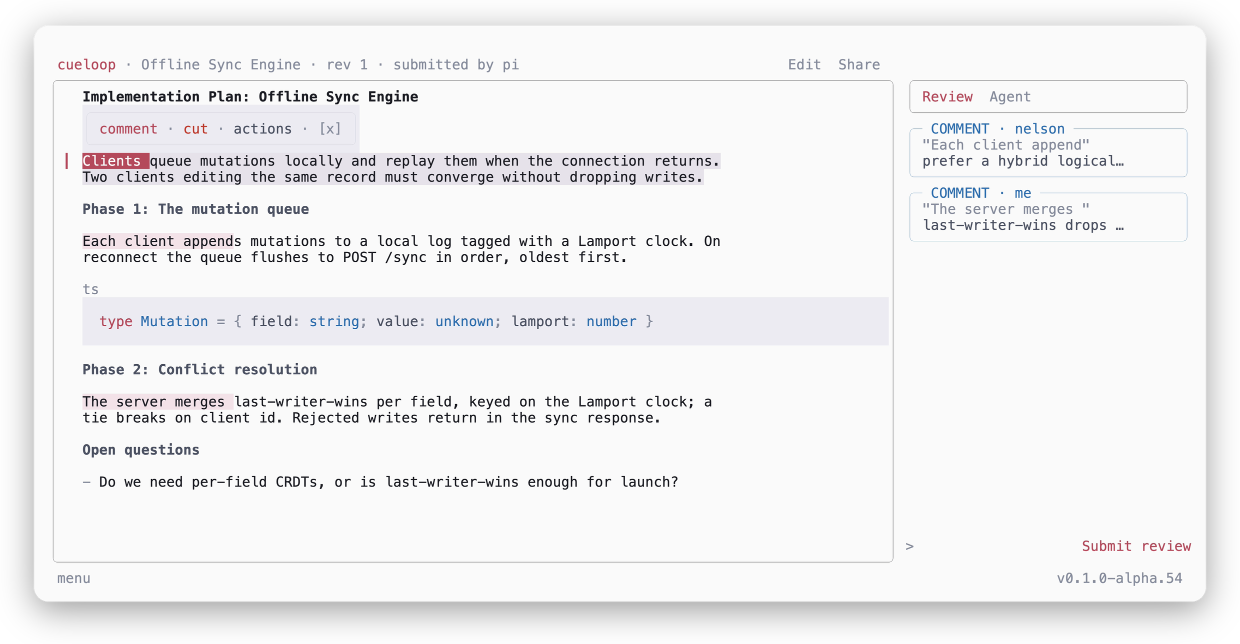 A cueloop plan review in the terminal: a sync-engine plan with the marker popover open on a line, and reviewer comments from you and a teammate in the side rail.