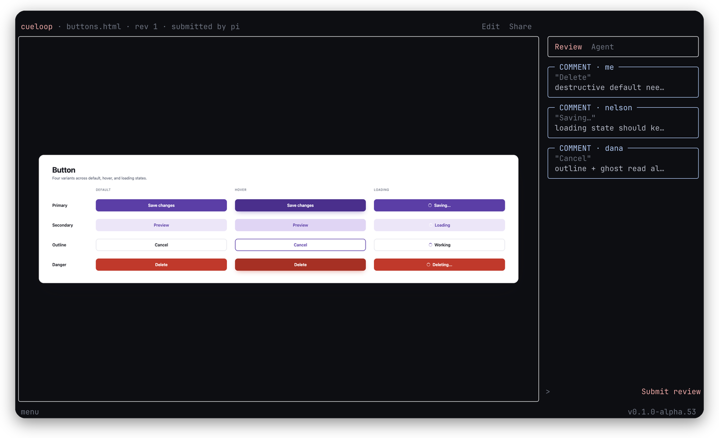 A cueloop prototype review: a rendered buttons component that emerges into the terminal theme, with reviewer comments from you and two teammates in the side rail.