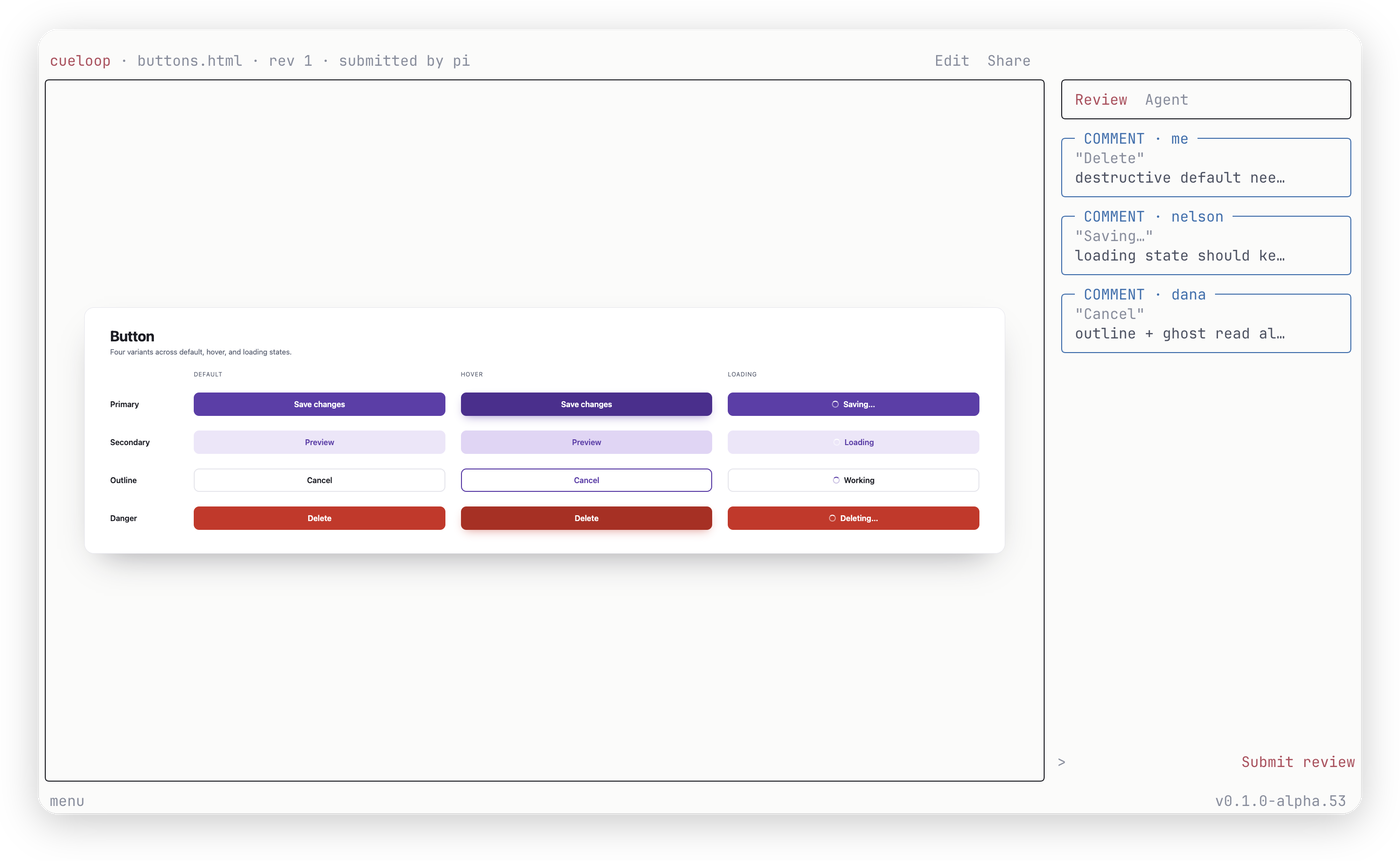 A cueloop prototype review: a rendered buttons component that emerges into the terminal theme, with reviewer comments from you and two teammates in the side rail.